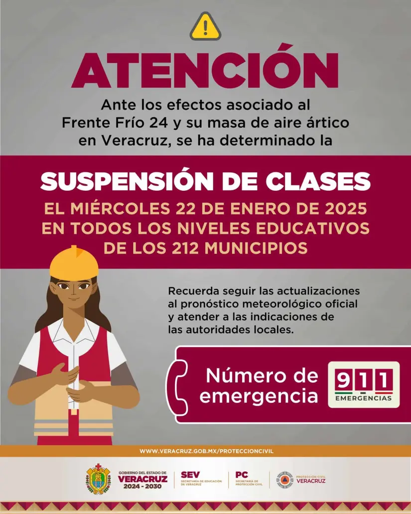 Aviso emitido ayer para la suspensión de clases de este 22 de enero en los dos turnos de educación básica. Foto: Cortesía