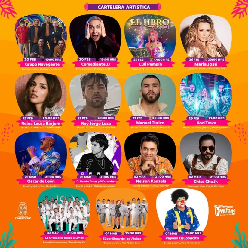 La cartelera de artistas en el Carnaval de Campeche 2025