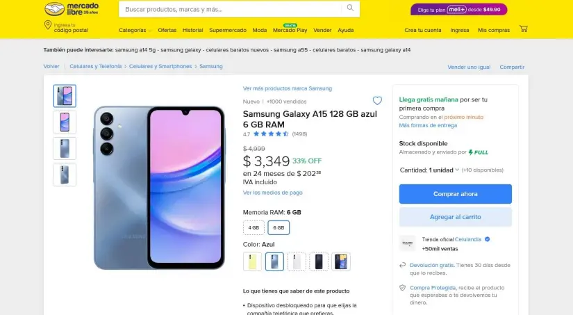 Oferta del Samsung Galaxy A15 en Mercado Libre. Foto: Captura de pantalla