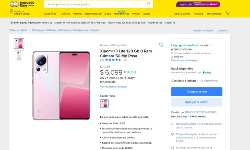  Xiaomi 13 Lite en remate en Mercado Libre por el Día de San Valentín. Foto: Captura de pantalla