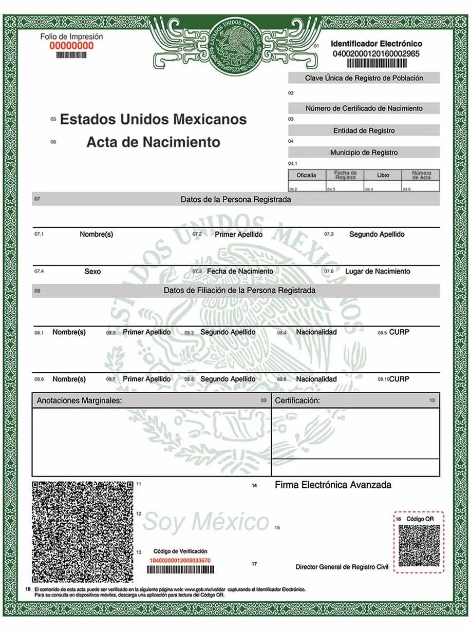Formato de acta de nacimiento.