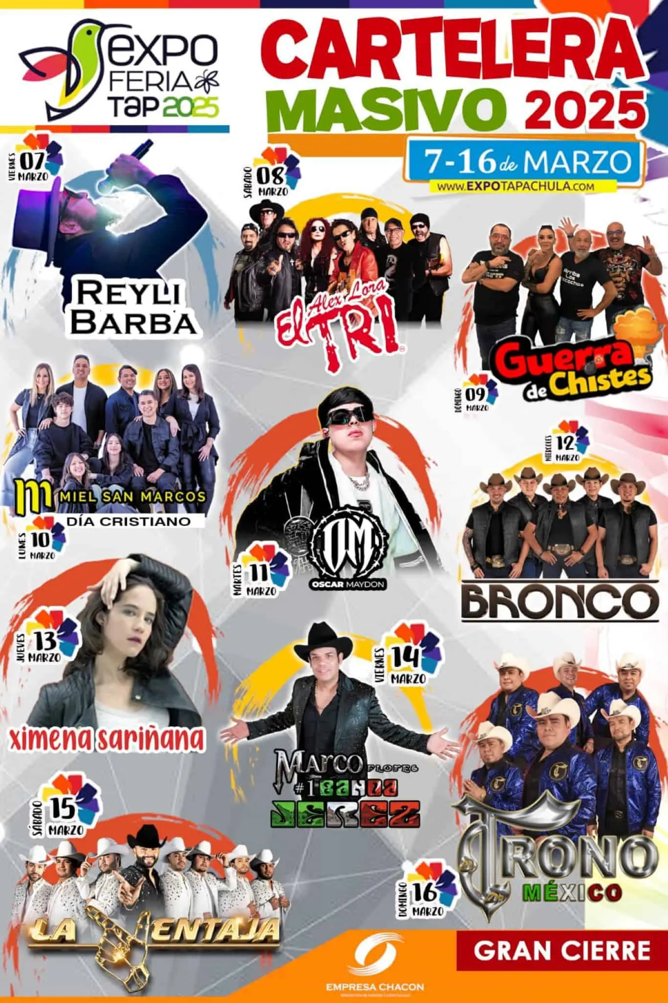 Los artistas que darán concierto en el Masivo de la Expo Feria Tapachula 2025. Foto: Cortesía