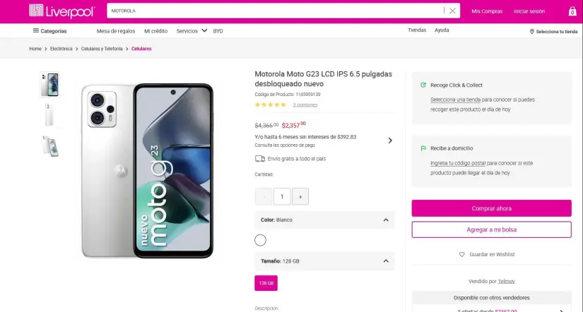 Oferta del Moto G23 en Liverpool, con motivo del Día de San Valentín 2025. Foto: Captura de pantalla