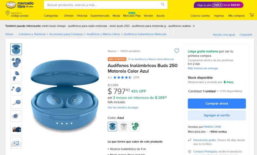 La promoción de los audífonos Motorola Moto Buds 250 en Mercado Libre