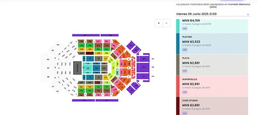 Zonas de los boletos para el concierto de Los Tigres del Norte en la Arena Monterrey. 