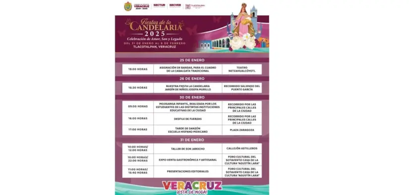 Programa de actividades para este día de la Candelaria en Tlacotalpan, Veracruz. Foto: Gobierno de Veracruz