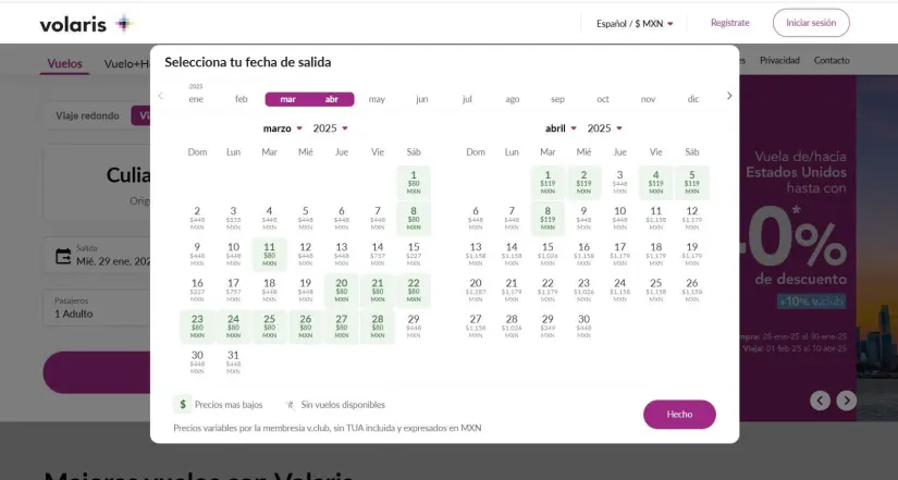 Tarifas de los vuelos de Volaris de Culiacán a Tijuana en marzo. Foto: Captura de pantalla