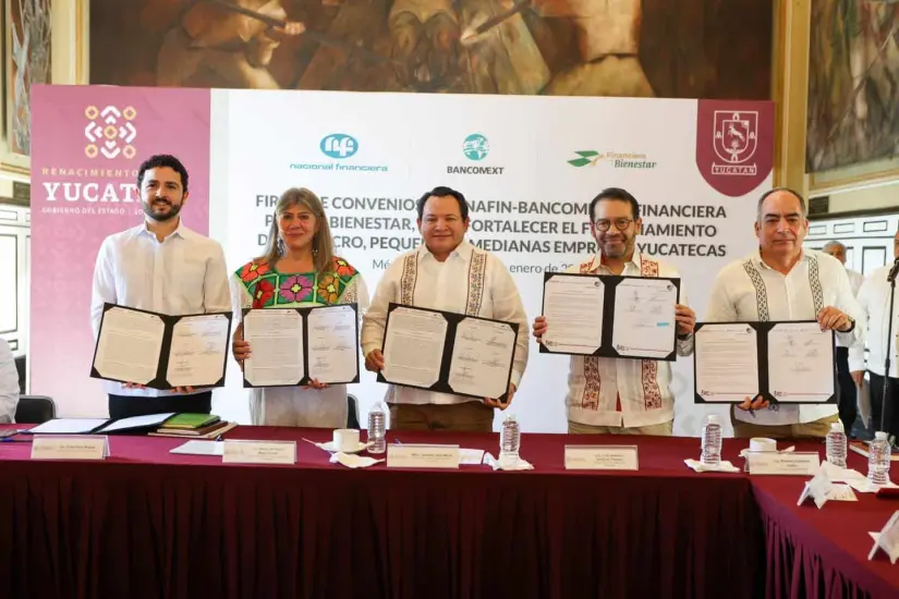 Se firmaron 2 importantes convenios con Nafin-Bancomext y Financiera para el Bienestar para fomentar el financiamiento a las micro, pequeñas y medianas empresas en Yucatán. 