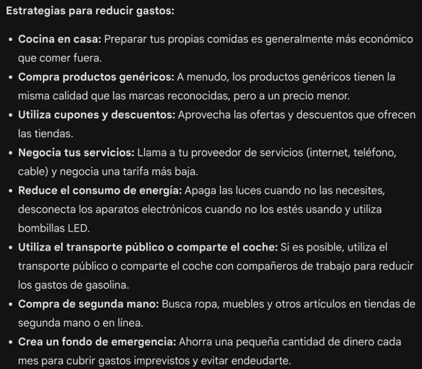 Respuesta: Consejos para reducir gastos. Gemini.