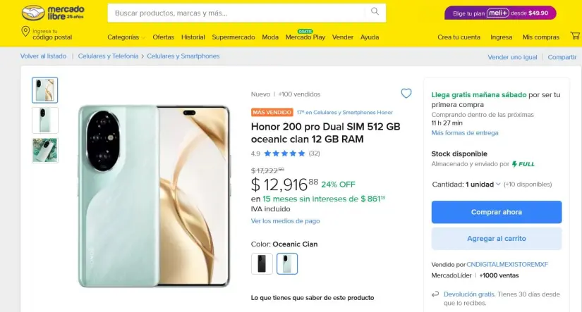 Promoción por San Valentín 2025 del Honor 200 Pro en Mercado Libre. 