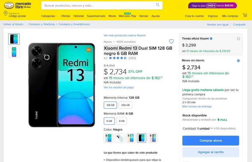 Oferta del Xiaomi Redmi 13 en Mercado Libre. Foto: Captura de pantalla