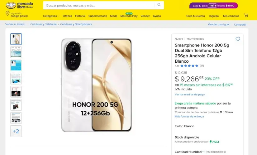 Honor 200 con descuento en Mercado Libre. Foto: Captura de pantalla