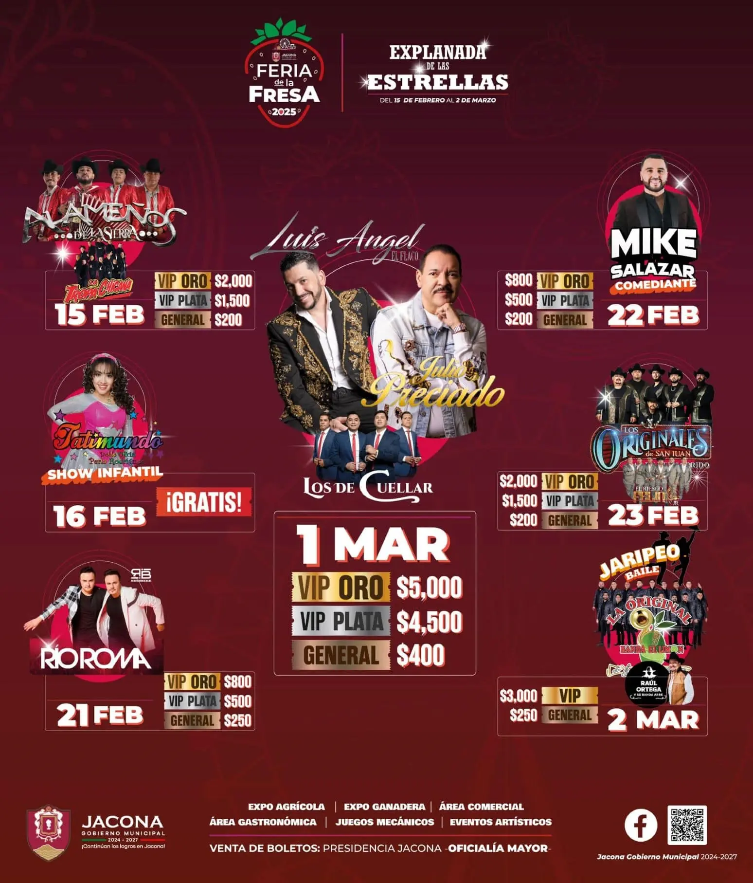 Cartelera de  artistas y costo de los boletos para la Feria de la Fresa de Jacona 2025. Foto: Cortesía