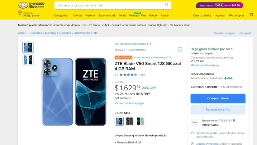 En promoción el ZTE Blade V50 Smart en Mercado Libre-. Foto. Captura de `pantalla