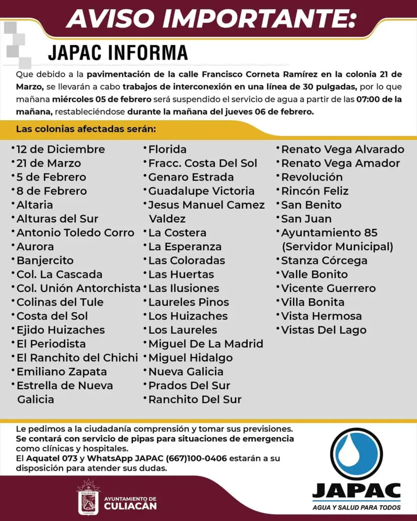 Listado completo de las colonias que no tendrán agua este miércoles en Culiacán.