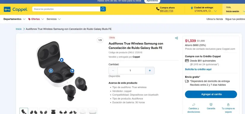 Oferta de los auriculares Galaxy Buds FE en Coppel. Foto: Cortesía