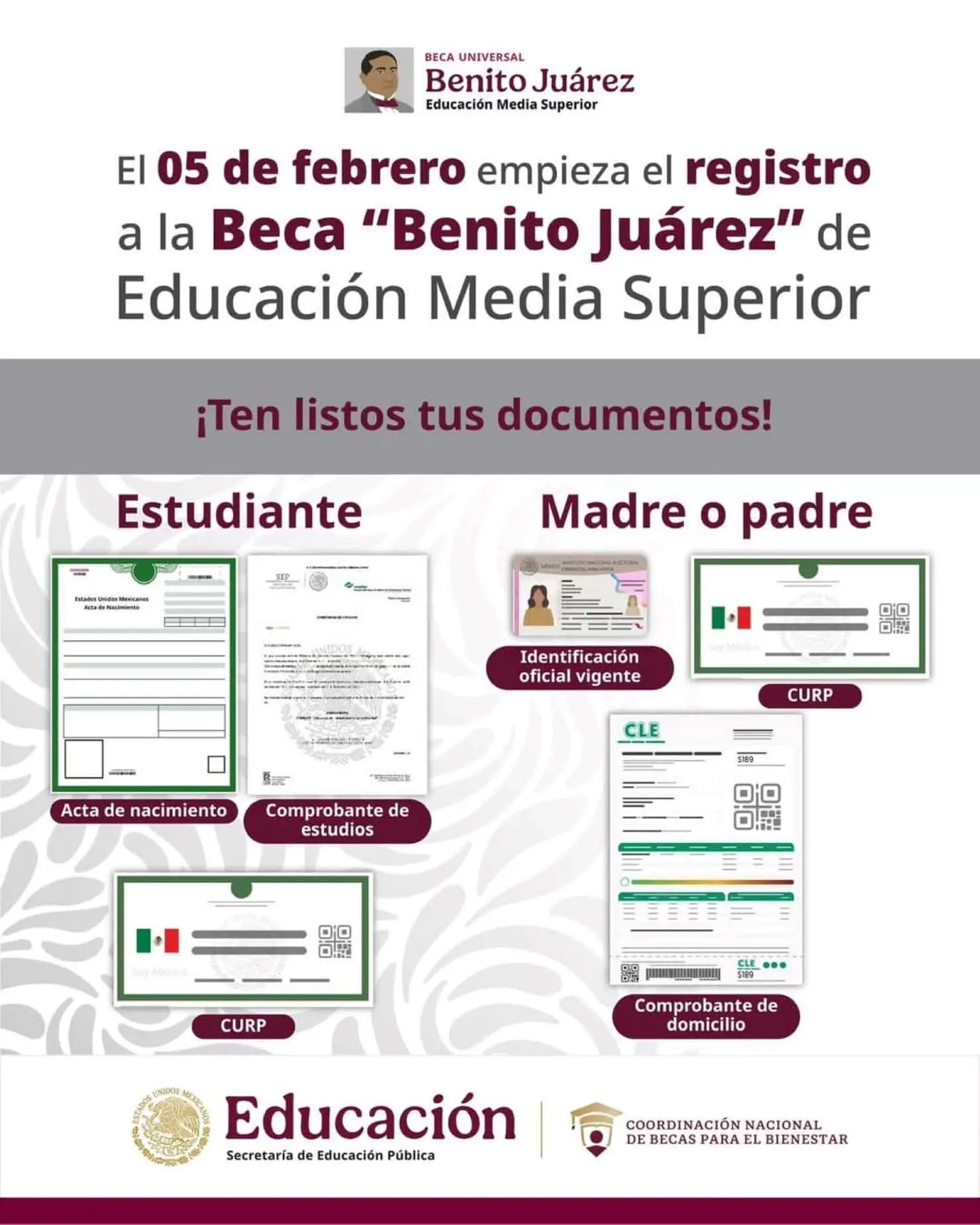 Documentos para el registro de la Beca Benito Juárez de preparatoria. Foto: Cortesía
