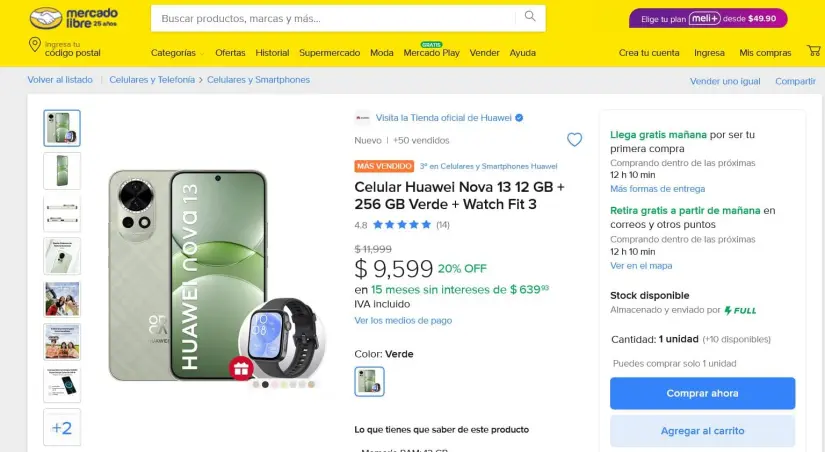 Promoción del Huawei Nova 13 en combo con Watch Fit 3en Mercado Libre