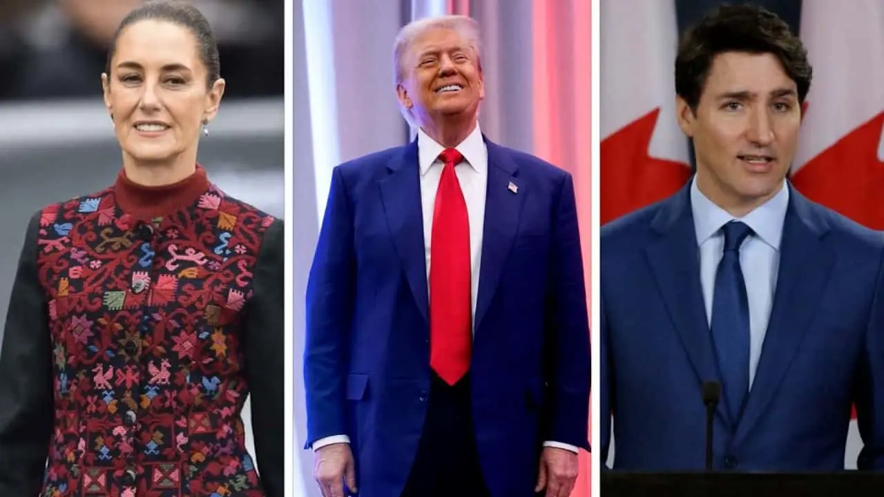 Presidente Claudia Sheinbaum (Izquierda), Presidente Donald Trump (Centro) y Presidente Justin Trudeau (Derecha)