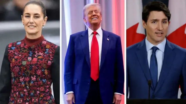 Presidente Claudia Sheinbaum (Izquierda), Presidente Donald Trump (Centro) y Presidente Justin Trudeau (Derecha)