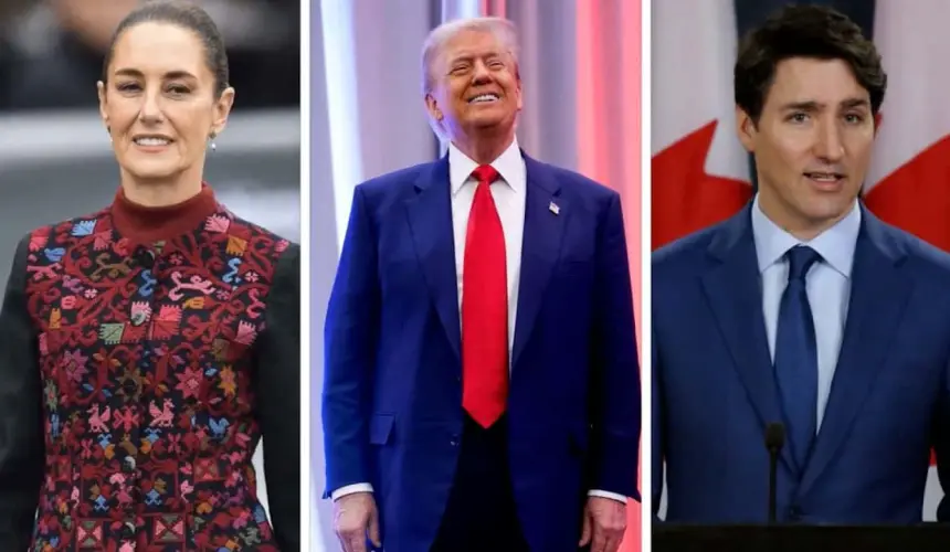 Presidente Claudia Sheinbaum (Izquierda), Presidente Donald Trump (Centro) y Presidente Justin Trudeau (Derecha)