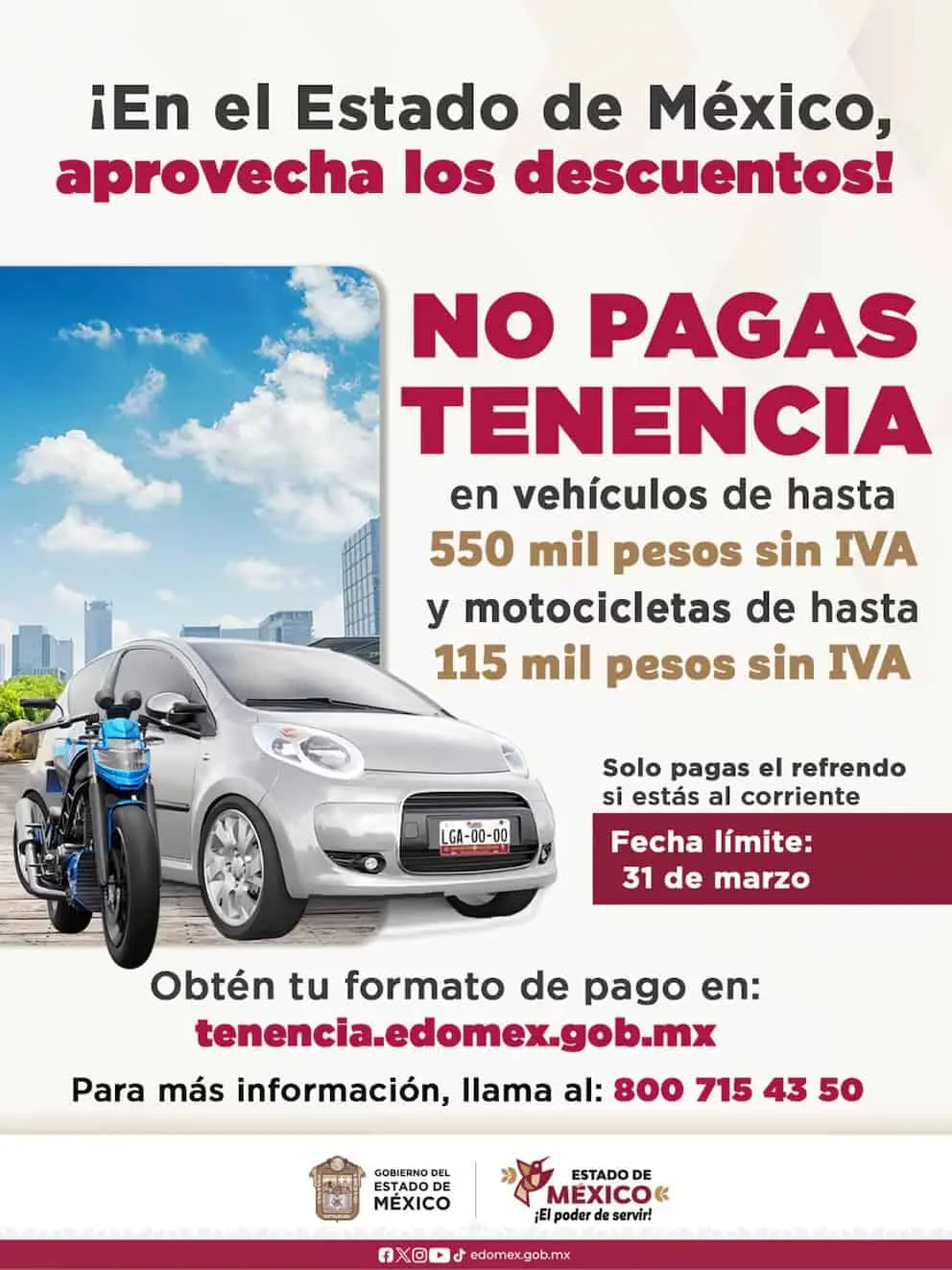 Algunos automovilistas disfrutarán de hasta el 100% de descuento en el pago de la tenencia en Edomex. Imagen: Cortesía