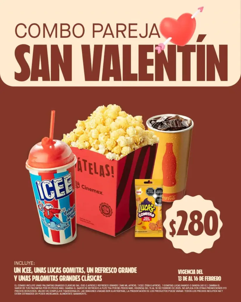 Combo Pareja por $280 pesos en Cinemex. Foto: Cortesía