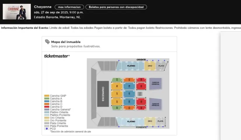 Zonas para el concierto de Chayanne en Monterrey. Foto: Captura de pantalla