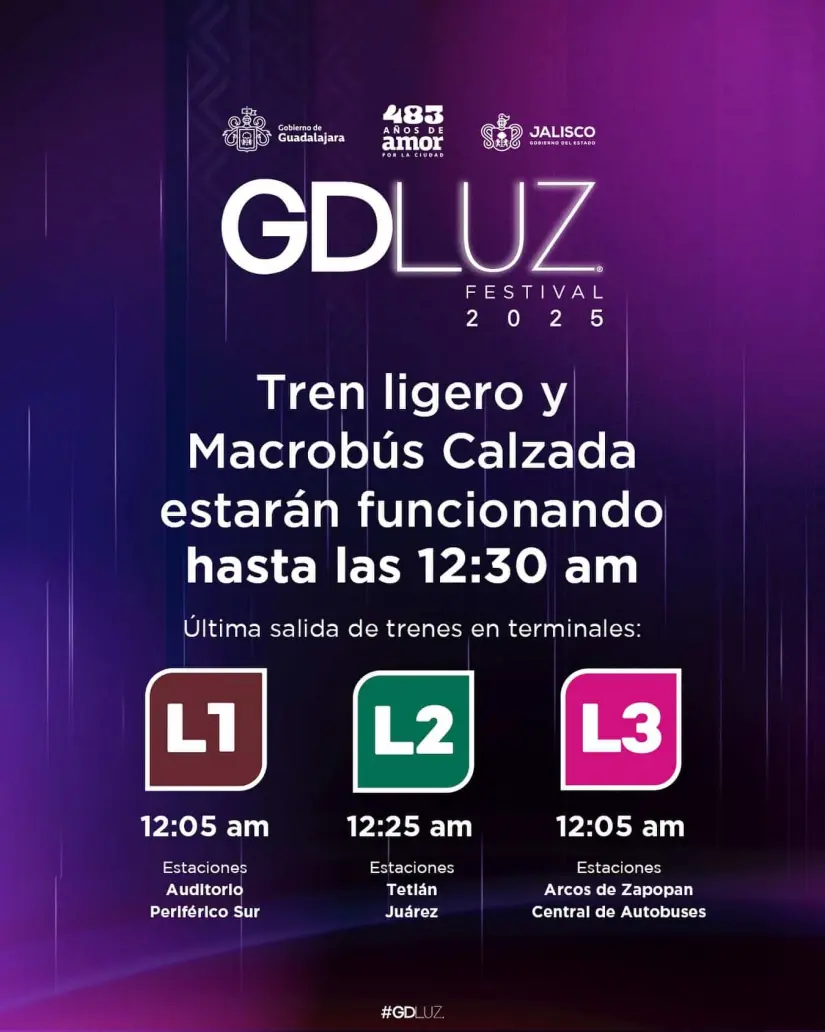 Líneas del metro que su última salida será poco después de concluir el Festival GDLUZ 2025. Foto: Facebook. GDLUZFestival Líneas del metro que su última salida será poco después de concluir el Festival GDLUZ 2025. Foto: Facebook. GDLUZFestival
