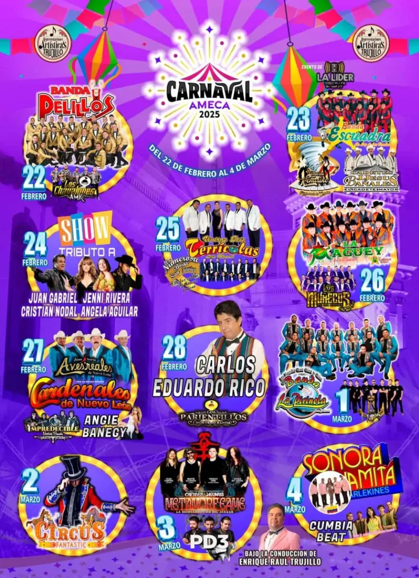 Cartelera de artistas y espectáculos del Carnaval Ameca 2025