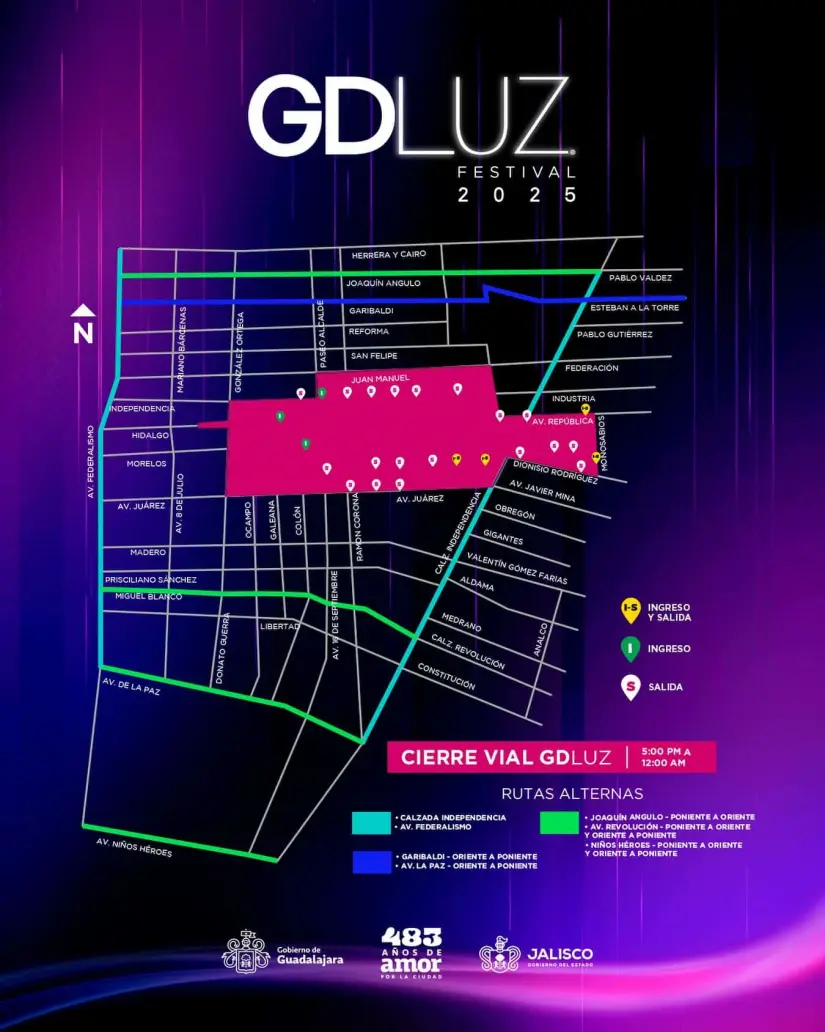 Cierres Viales en los días del Festival GDLUZ 2025. Foto: Facebook. GDLUZFestival Cierres Viales en los días del Festival GDLUZ 2025. Foto: Facebook. GDLUZFestival