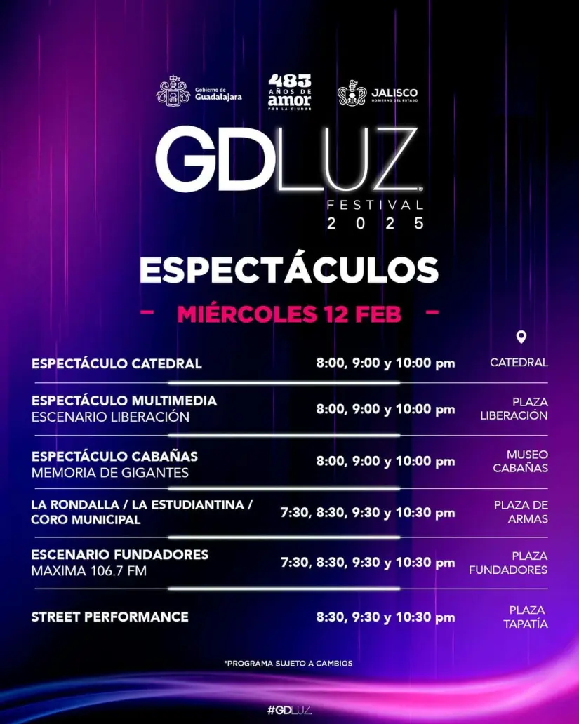 Horarios de los espectáculos que se llevarán a cabo en el Festival GDLUZ 2025. Foto: Facebook. GDLUZFestival Horarios de los espectáculos que se llevarán a cabo en el Festival GDLUZ 2025. Foto: Facebook. GDLUZFestival