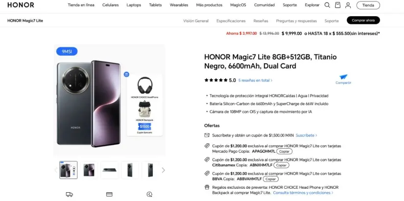 El costo del Honor Magic7 Lite en México. Foto: Captura de pantalla