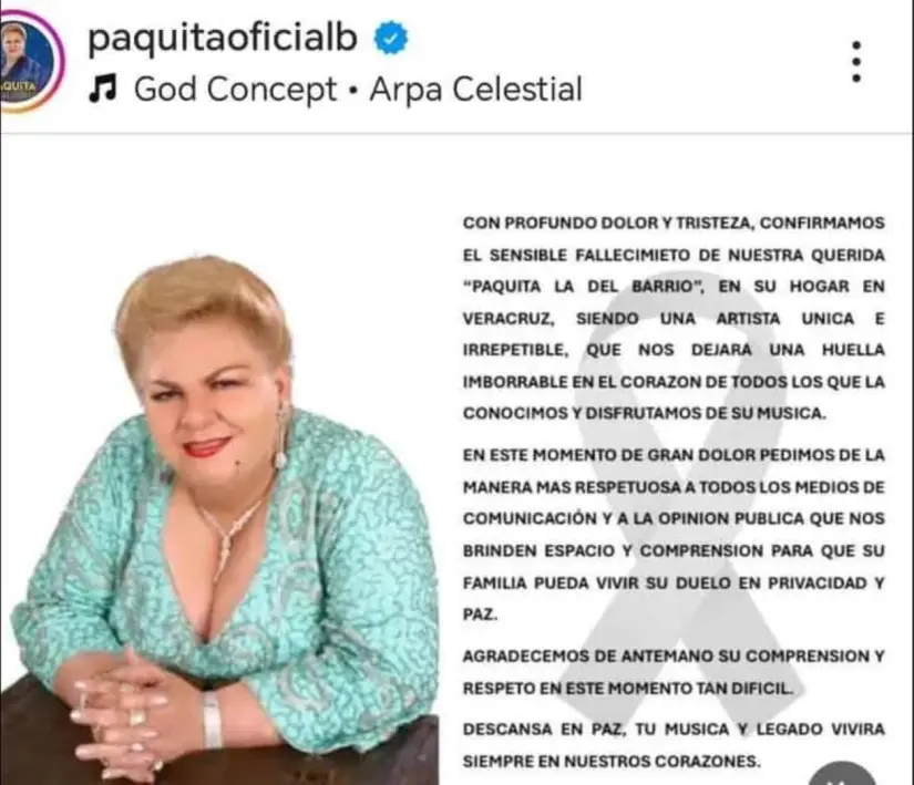 En la cuenta de oficial de Intagram confirmaron la muerte de la cantante Paquita la del Barrio. Foto: Captura de pantalla