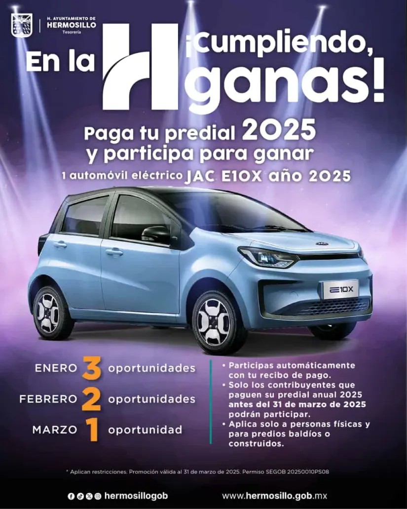 Gana un auto eléctrico haciendo tu pago del Predial en 2025. Foto: Ayuntamiento de Hermosillo.