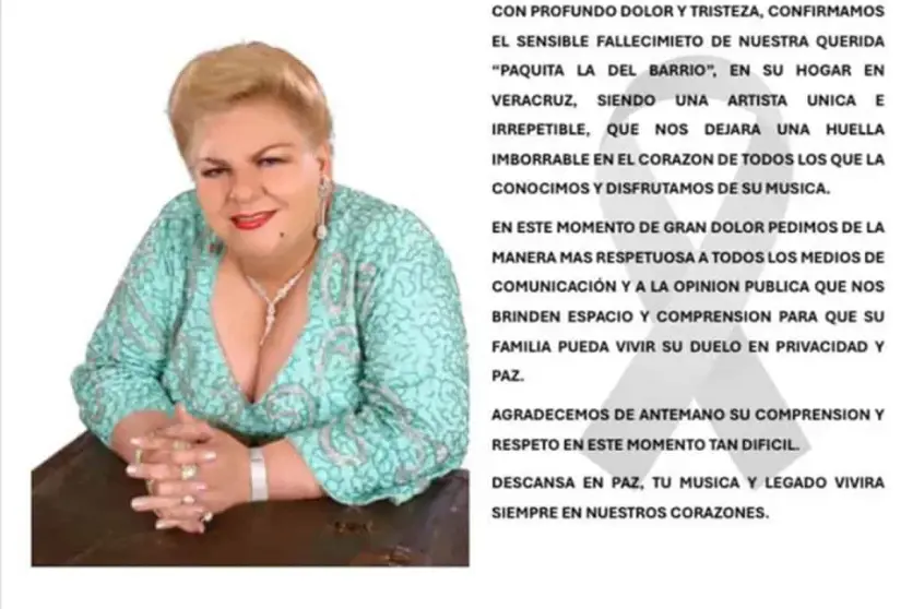 Anuncian el fallecimiento de Paquita la del Barrio.