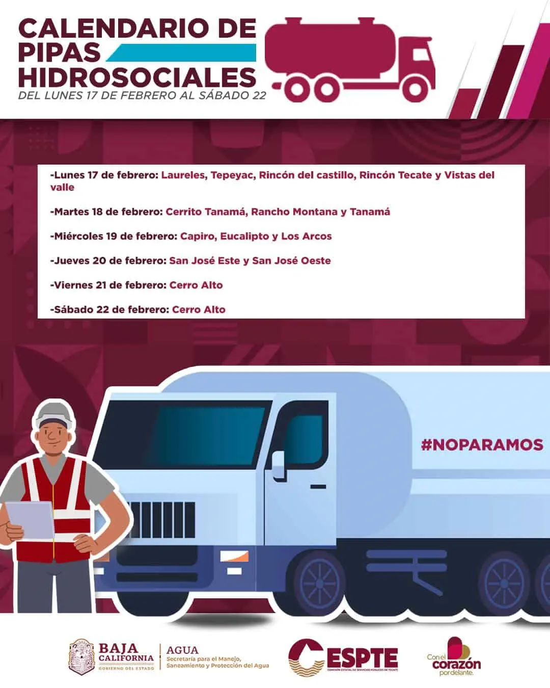Calendario oficial para la entrega de Pipas Hidrosociales Foto: CESPTE (facebook)