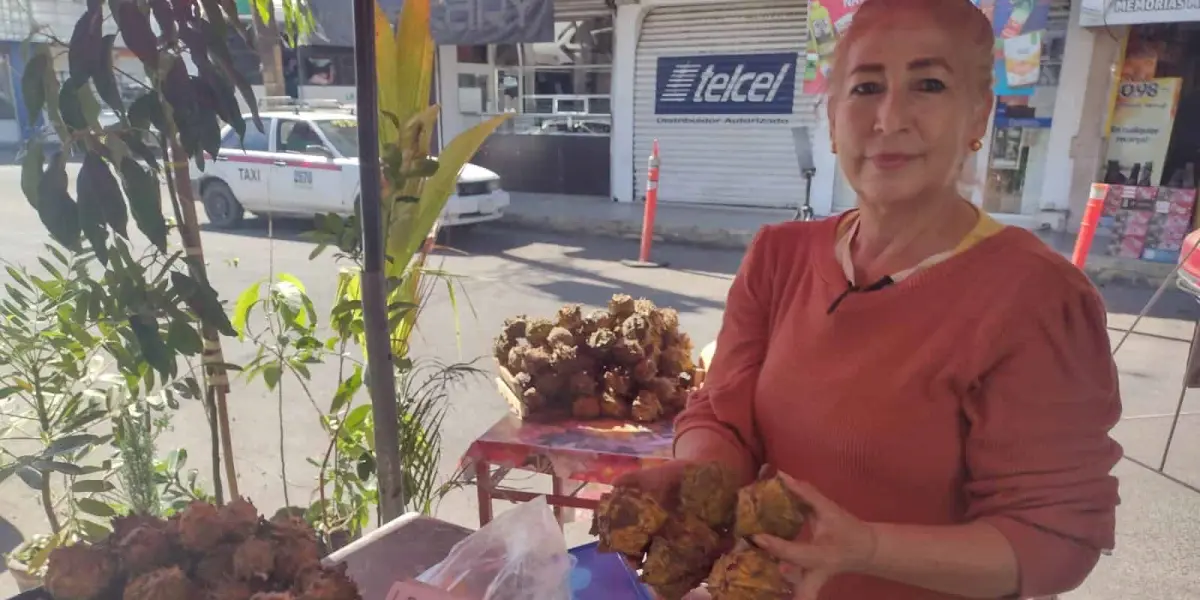 Claudia Loera, vende diversos artículos medicinales, plantas y frutos como Papache en el Mercadito Rafael Buelna.