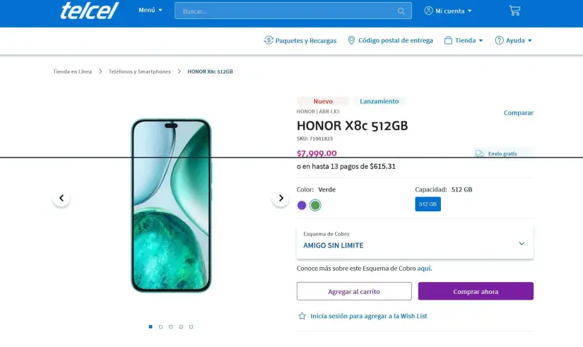 Honor X8c disponible en Telcel. Foto: Captura de pantalla