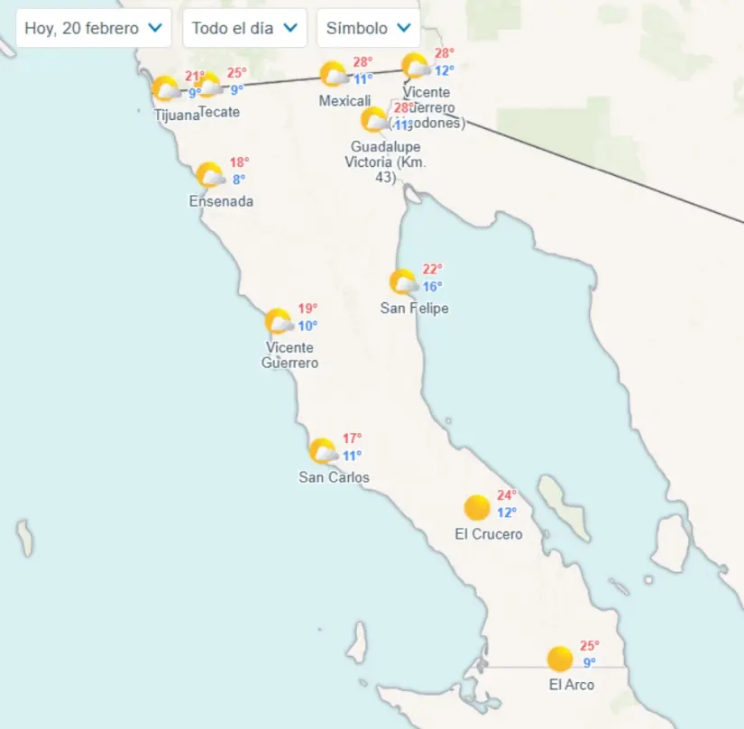 Pronóstico del clima en Baja California para hoy jueves 20 de febrero de 2025