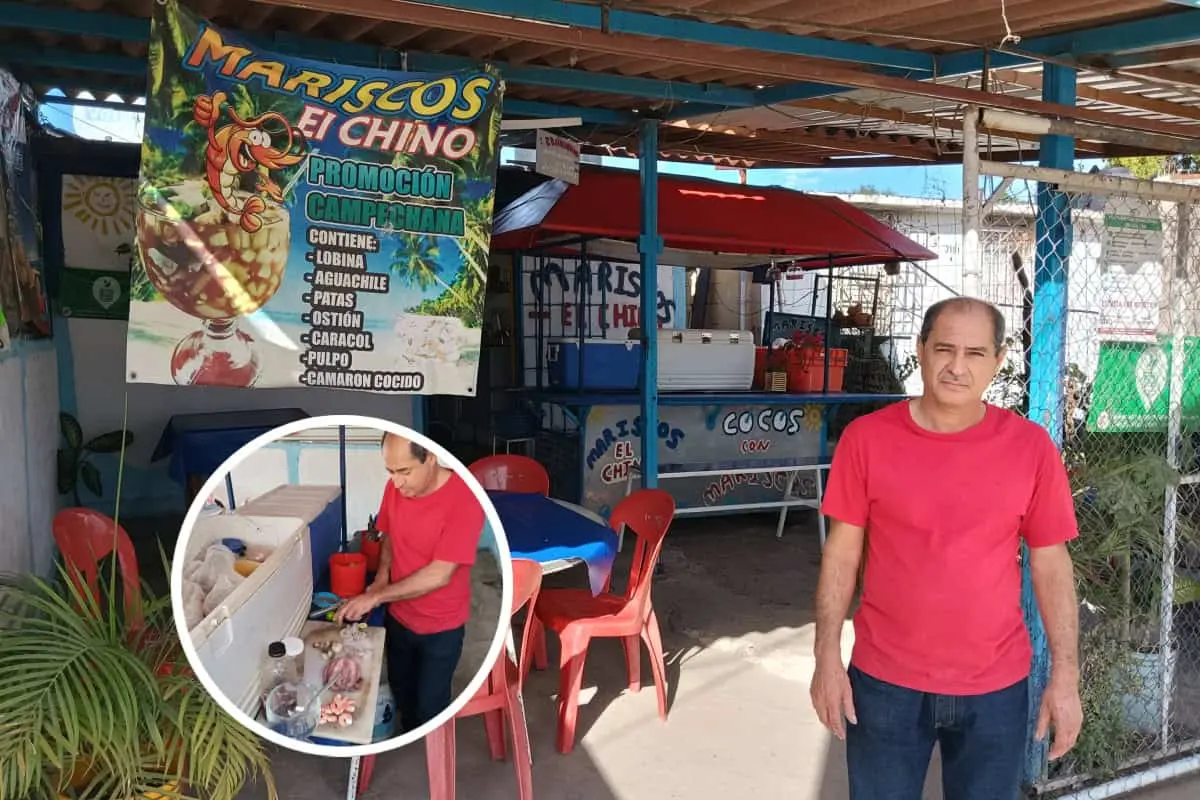 Efraín Matsumoto atiende su negocio de mariscos por el bulevar California, casi esquina con calle Pomona, al entrar al fraccionamiento Los Ángeles.