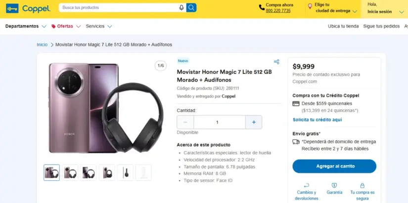 HONOR Magic7 Lite con audífonos gratis en promoción en Coppel