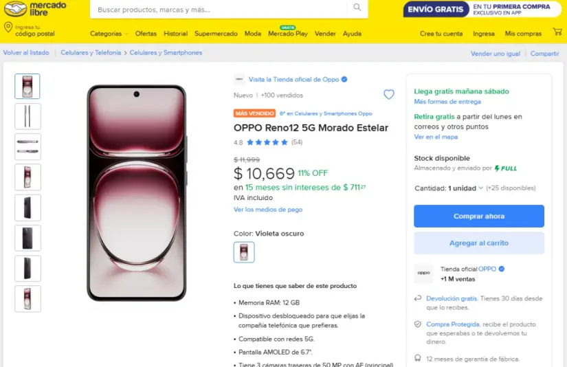 OPPO Reno12 está con oferta en Mercado Libre; características y precio