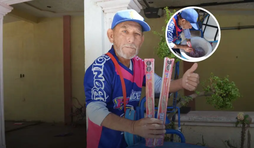 Raymundo Gallardo, conocido como Don BonIce, ha dedicado 16 años a ofrecer refrescantes sabores a los culiacanenses, destacándose por su perseverancia y actitud positiva. Foto: Juan Madrigal