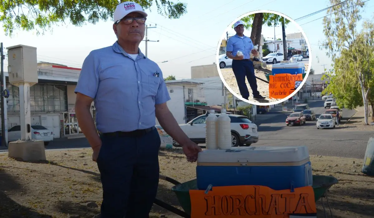 Reyes, quien vende su agua fresca en el cruce de la avenida Manuel Clouthier y Cerro de las Cumbres, disfruta de la cercanía de su familia mientras se dedica a su negocio. Más que un simple negocio, su historia  es la de un hombre que, con trabajo y fe, busca ofrecer lo mejor a su familia. Foto: Juan Madtigal