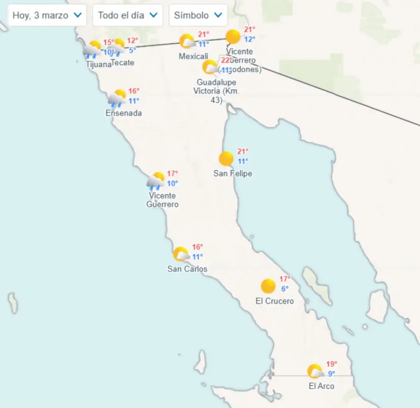 Temperaturas mínimas y máximas por municipios en Baja California. Imagen: Meteored