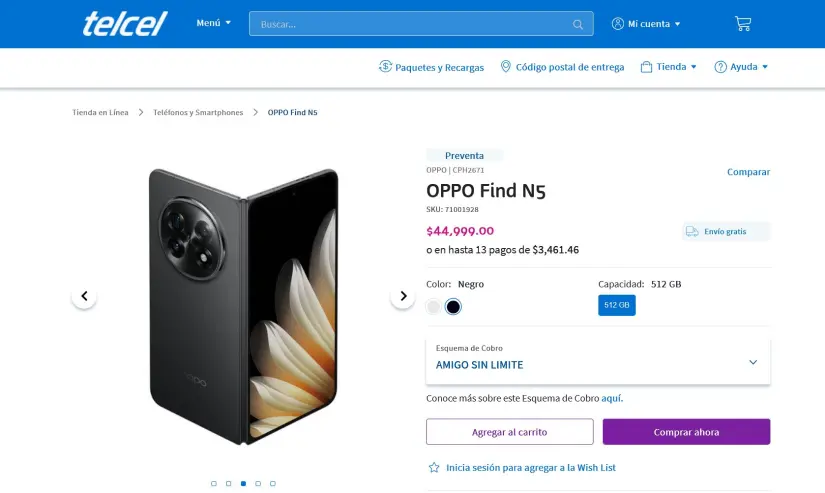 El costo del OPPO Find N5 en Telcel en México. Foto: Captura de pantalla