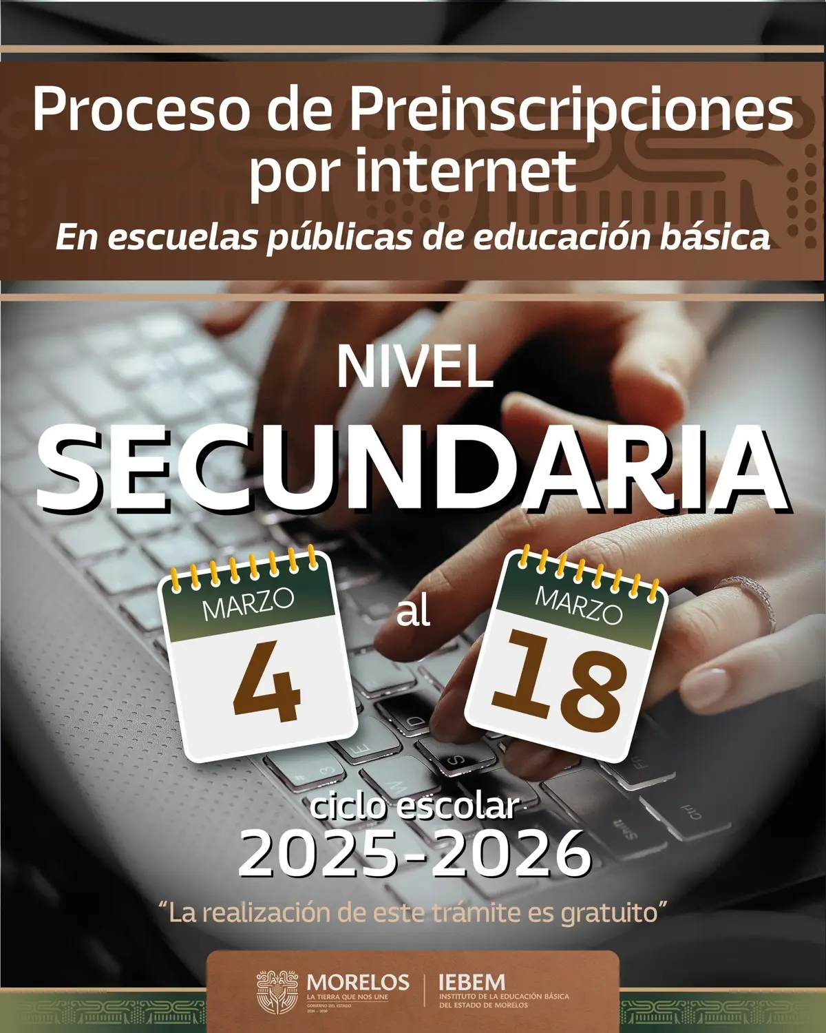 Cartel de fechas de las preinscripciones de secundaria Foto: Instituto de la Educación Básica del Estado de Morelos (Facebook)
