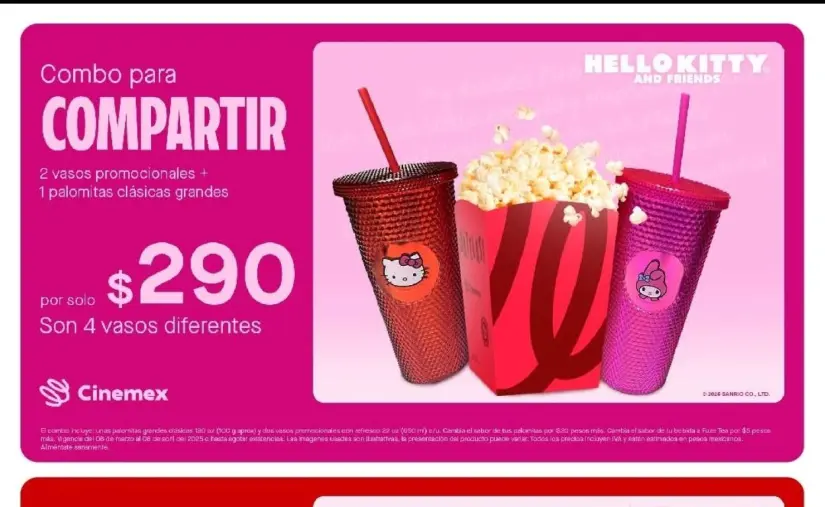 Combo de Hello Kitty en Cinemex. Foto: Cortesía