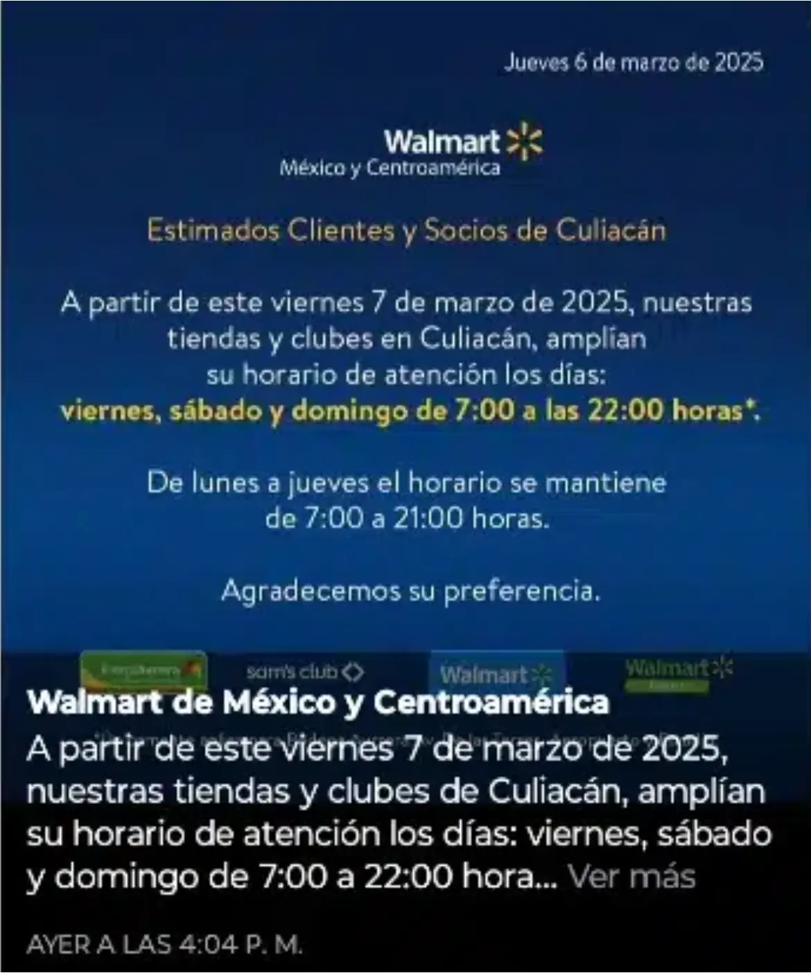Walmart amplia su horario los fines de semana. Foto: cortesía.